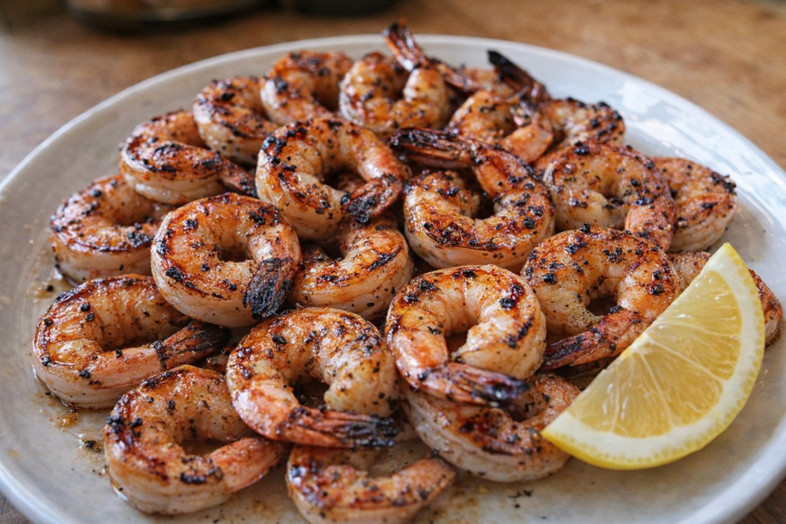 An overhead shot of perfectly grilled shrimp, slightly charred and glistening, arranged on a white platter with a lemon wedge